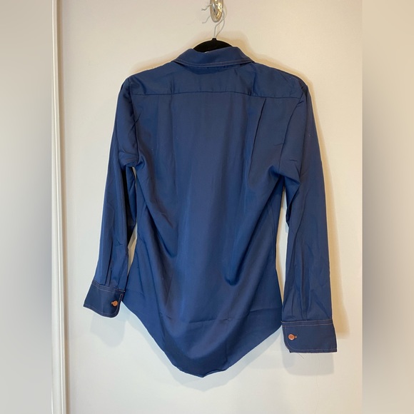 VTG 70s Navy Blue Blouse with Brown Stitching & Buttons - Picture 7 of 7